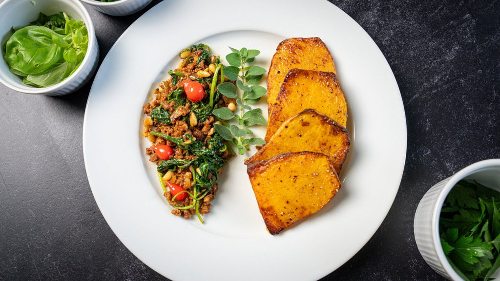 Roasted Butternut Squash with Chorizo Kale