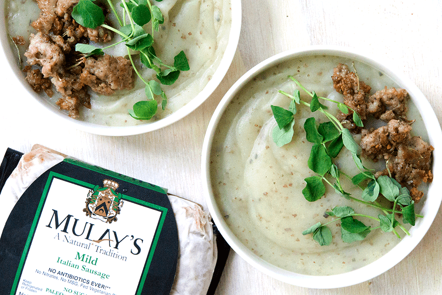 Creamy Potato Soup with Mulay's Sausage and Pea Sprouts